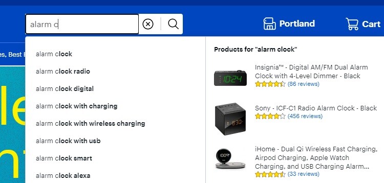 eCommerce search screenshot with autocomplete results